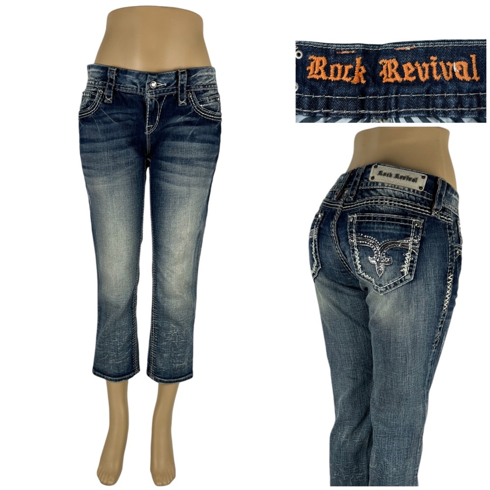 Rock Revival Jeans Womens 27 Lynkai Easy Crop Distressed Blue 30 X 24 (actual)